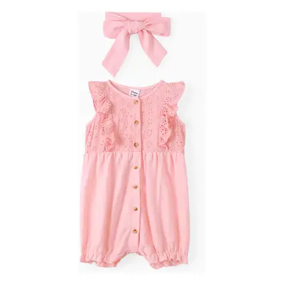 Baby Girl Ruffled Lace Design Jumpsuit with Headband