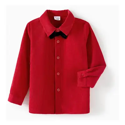 Family Matching Bow Front Red Heart Textured Tank Dresses and Long-sleeve Corduroy Shirts Sets