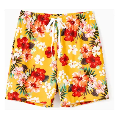 Family Matching Floral Drawstring Swim Trunks or Flowy Spliced Mesh Swim Dress with Triangle Swi