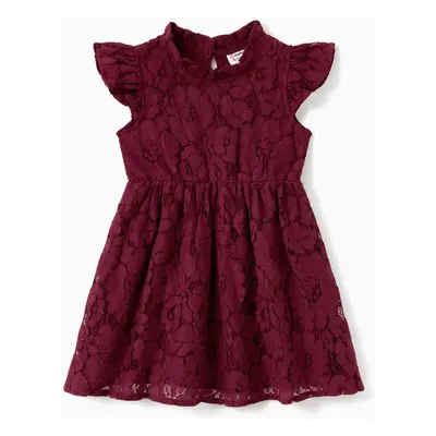 Family Matching Sets Plaid Shirt or Red Wine Lace Ruffle Sleeve A-Line Dress