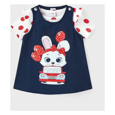 2pcs Toddler Girl Polka Dots Print Tee and Rabbit Print Dress Set