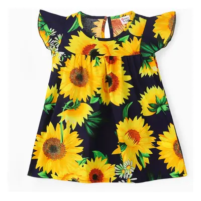 Baby Girl 100% Cotton Cotton Sunflower Print Flutter-sleeve Dress