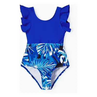 Family Matching Floral Drawstring Swim Trunks or Blue V Neck One-Piece Swimsuit (Quick-Dry)