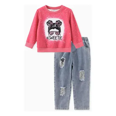 Toddler Girl 2pcs Character Print Sweatshirt and Denim Ripped Pants Set