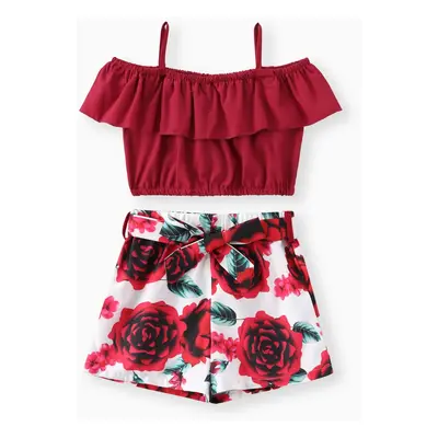 2pcs Kid Girl Flounce Camisole and Floral Print Belted Shorts Set