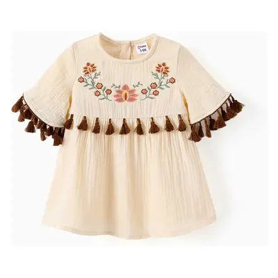 Baby Girl Sweet Floral Embroidery Tasseled Dress