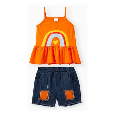 2pcs Toddler Girl Trendy Cotton Ruffled Camisole and Ripped Panel Denim Shorts Set