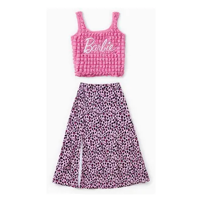 Barbie Mommy and Me Logo Embroidered Textured Fabric Tank Top and Allover Leopard Print Skirt Se