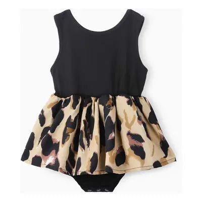 Leopard Print Splice Black Sling Dresses for Mommy and Me