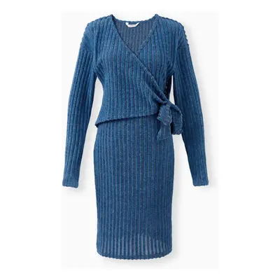 Family Matching Sets Blue Ribbed Long Sleeves Henley Neck Top or Tie Side Dress