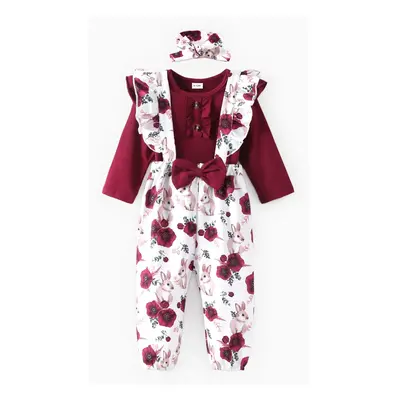 Baby Girl 3pcs Sweet Solid Romper and Floral Print Ruffled Overalls with Headband Set