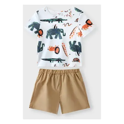 2-piece Toddler Boy Animal Print Short-sleeve Tee and Elasticized Khaki Shorts Set