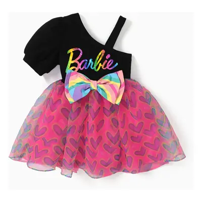 Barbie 1pc Toddler Girls Heart-shaped Bowknot One-Shoulder Flare Mesh Dress