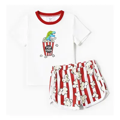 Family Matching Dinosaur Popcorn Pattern Short Sleeves Top Stripe Shorts Pajama