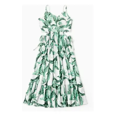 Family Matching Color Block Tee and Green Leaf Pattern Cut Out Drawstring Waist Strap Dress Sets