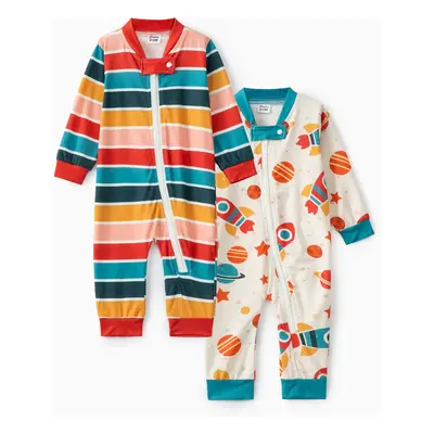 2-Pack Baby Boy/Girl Long-sleeve Zipper Graphic Jumpsuits Set