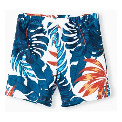 Family Matching Swimsuits Tropical Leaf Pattern Drawstring Swim Trunks or Cross Strap Flowy Tank