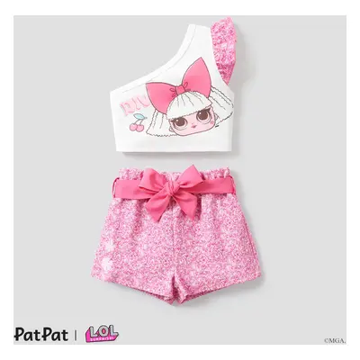 L.O.L. SURPRISE! 2pcs Kid Girl Character Printed Slanted Ruffled Shoulder T-Shirt and Bowknot Sh