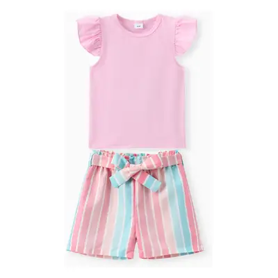 2pcs Toddler Girl Sweet Flutter-sleeve Tee and Stripe Belted Shorts Set