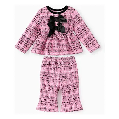 Baby Girl Clothes 2pcs Elegant Grid Bowknot Top and Flared Pants Set