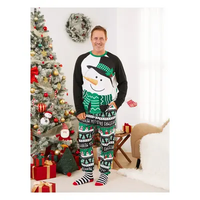 Christmas Family Matching Raglan Sleeves Snow Man Top Hat Top Allover Pattern Pants Pajamas Sets