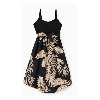 Family Matching Floral Print Belted Cami Dresses And Solid Short Sleeve Tops Sets