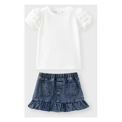 Toddler Girl 2pcs Puff-sleeve Tee and Denim Ruffled Skirt Set