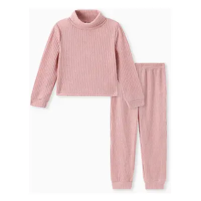 2pcs Toddler Girl Solid Color Ribbed Turtleneck Long-sleeve Tee and Elasticized Pants Set