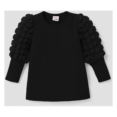 Toddler Girl Textured Ribbed Long Puff-sleeve Solid Color Tee