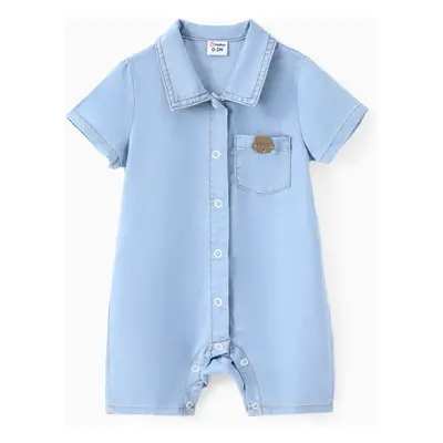 Baby Boy Cooling Denim Lapel Collar Button Design Solid/Floral Print Romper