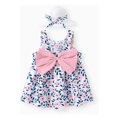 2pcs Floral Print Bowknot Sleeveless Baby Dress & Hat Set