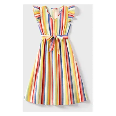 Family Matching Colorful Striped V Neck Flutter-sleeve Dresses and Short-sleeve T-shirts Sets