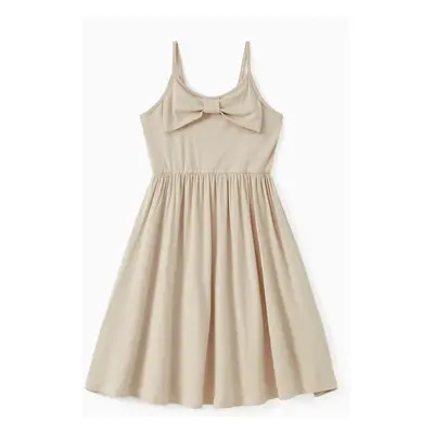 Family Matching Light Apricot Polo Shirt or Bow Design Flowy A-Line Strap Dress Sets