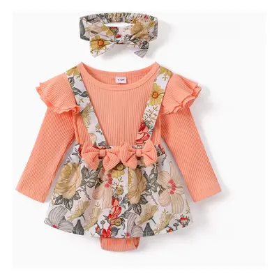 2pcs Baby Floral Print Ribbed Ruffle Long-sleeve Faux-two Romper Dress Set