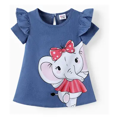 Baby Girl Cute Cat Print Ruffled Short-sleeve Dress