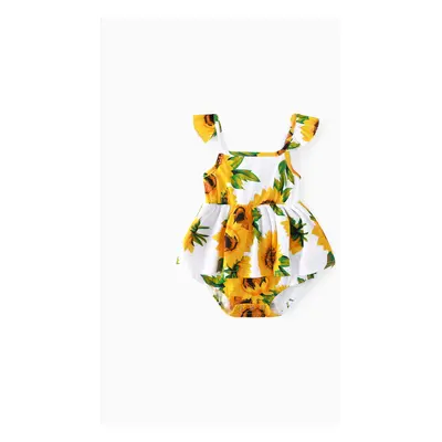 Family Matching Solid Spaghetti Strap Splicing Sunflower Floral Print Dresses and Short-sleeve T