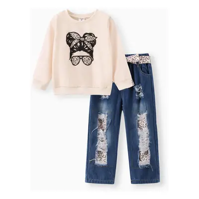 2pcs Toddler Girl Trendy Patchwork Ripped Denim Jeans and Figure Print Sweatshirt Set