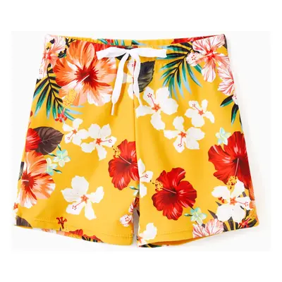 Family Matching Floral Drawstring Swim Trunks or Flowy Spliced Mesh Swim Dress with Triangle Swi