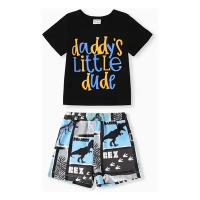 2pcs Baby Boy Letter Print Short-sleeve T-shirt and Dinosaur Print Shorts Set