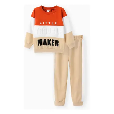 2pcs Toddler Boy Trendy Letter Print Colorblock Sweatshirt and Pants Set