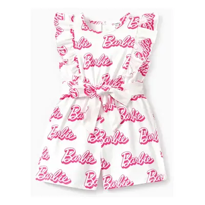 Barbie Toddler Girl Cotton Letter Print Ruffled Belted Rompers