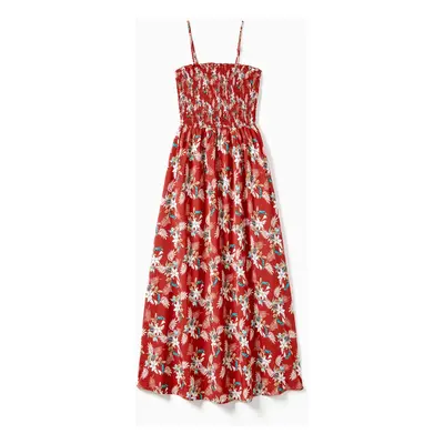 Mommy and Me Red Floral Shirred A-Line Strap Dress