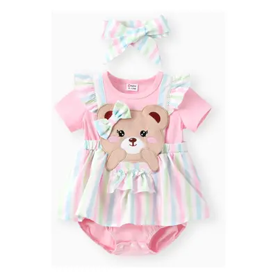 Baby Girl 2pcs 3D Bear Striped Print Romper and Headband Set