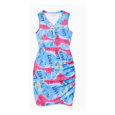 Mommy and Me Colorful Design Button Love Print Ruched Bodycon Dress