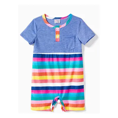 Family Matching Multi-Color Stripe T-shirt and Ruffle Hem Button Strap Dress Sets