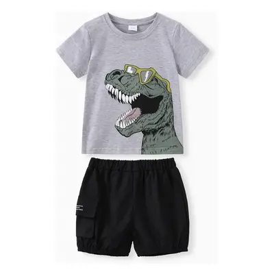 2pcs Toddler Boy Playful Dinosaur Print Tee & Cargo Shorts Set