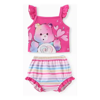 Care Bears Baby Girls 2pcs Rainbow Striped Heat Print Flutter-sleeve Top with Diaper Cover Set