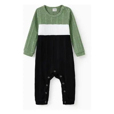 Family Matching Sets Green Color Block Long Sleeves Ribbed Tops/Dress/Romper