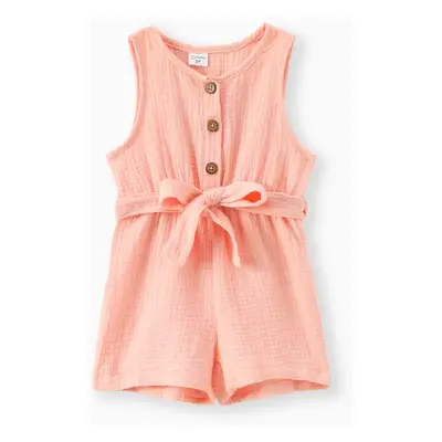 Toddler Girl 100% Cotton Solid Color Button Design Sleeveless Belted Romper Jumpsuit Shorts