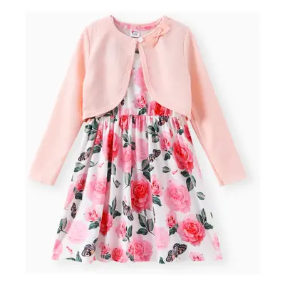 2pcs Kid Girl Floral Print Sleeveless Dress and Bowknot Design Cardigan Set